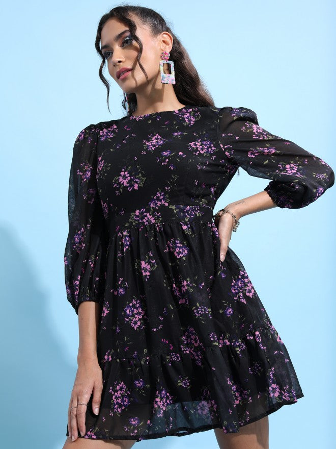 Tokyo Talkies Women Black Printed Fit & Flare Dress - Black - Image 1