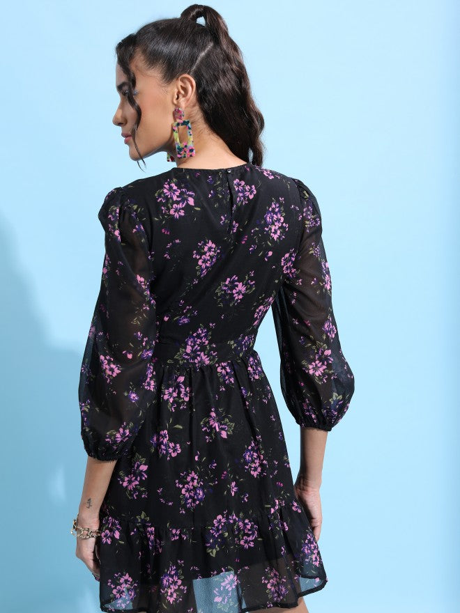 Tokyo Talkies Women Black Printed Fit & Flare Dress - Black - Image 3