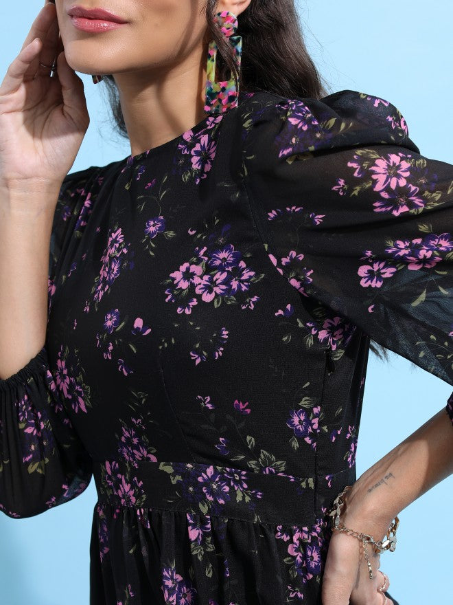 Tokyo Talkies Women Black Printed Fit & Flare Dress - Black - Image 5