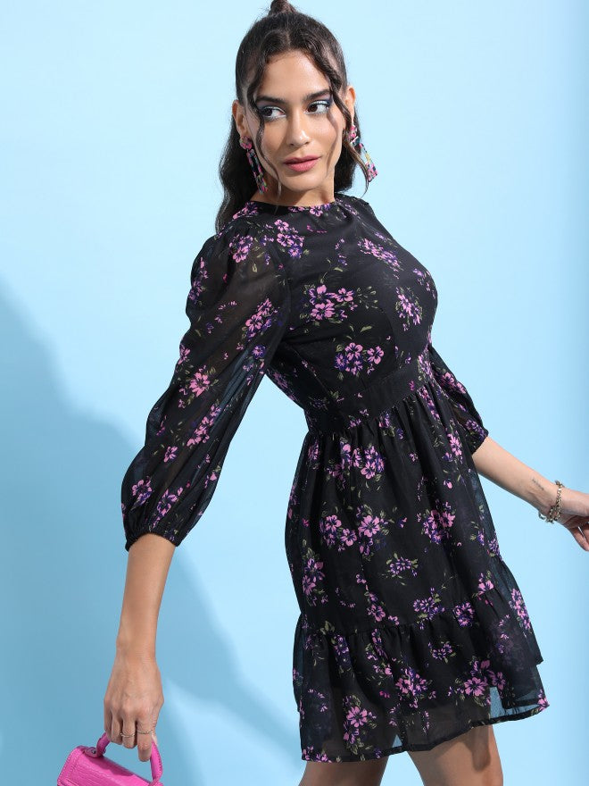 Tokyo Talkies Women Black Printed Fit & Flare Dress - Black - Image 6