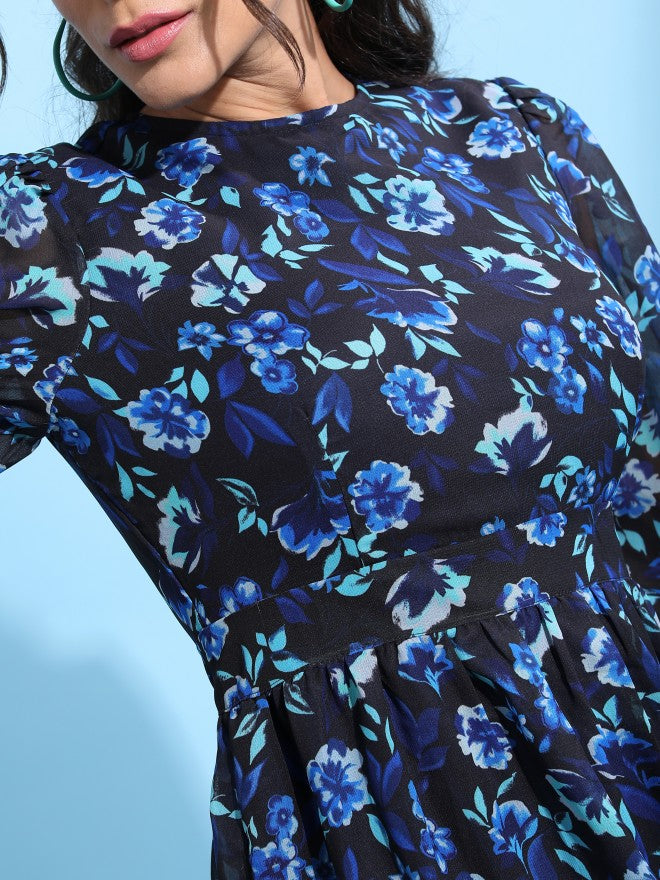 Tokyo Talkies Women Blue Printed Fit & Flare Dress - Blue - Image 5