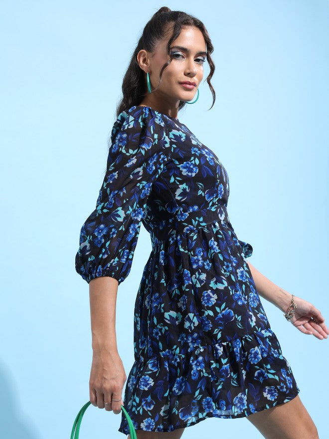 Tokyo Talkies Women Blue Printed Fit & Flare Dress - Blue - Image 6