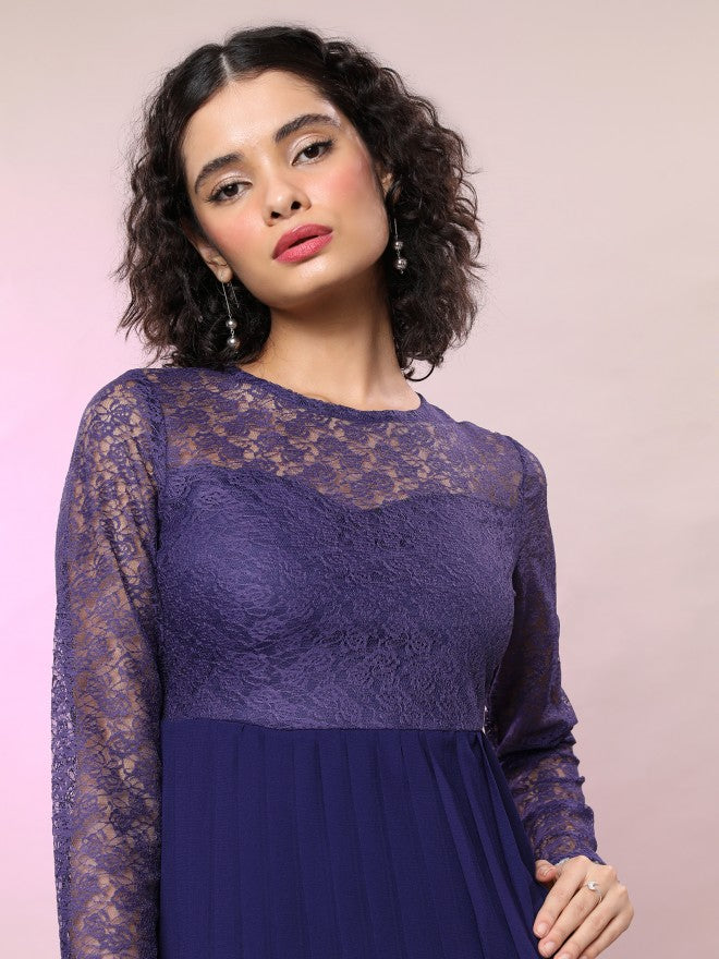 Tokyo Talkies Women Navy Blue Solid Fit & Flare Dress - Navy Blue - Image 2