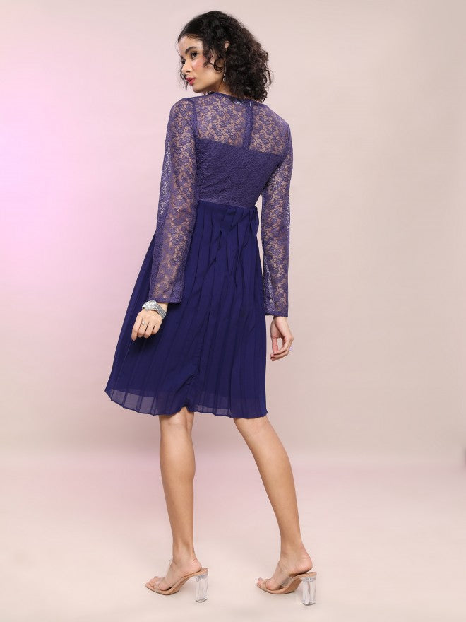 Tokyo Talkies Women Navy Blue Solid Fit & Flare Dress - Navy Blue - Image 3