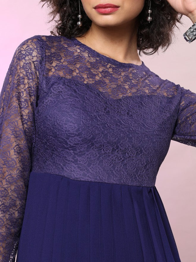 Tokyo Talkies Women Navy Blue Solid Fit & Flare Dress - Navy Blue - Image 5