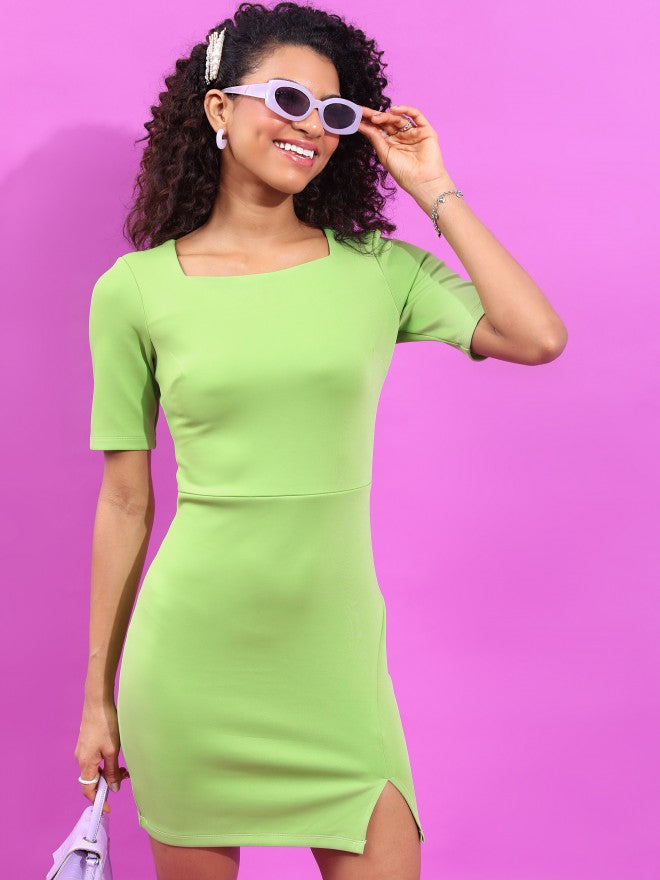 Tokyo Talkies Women Lime Green Solid Bodycon Dress - Green - Image 4