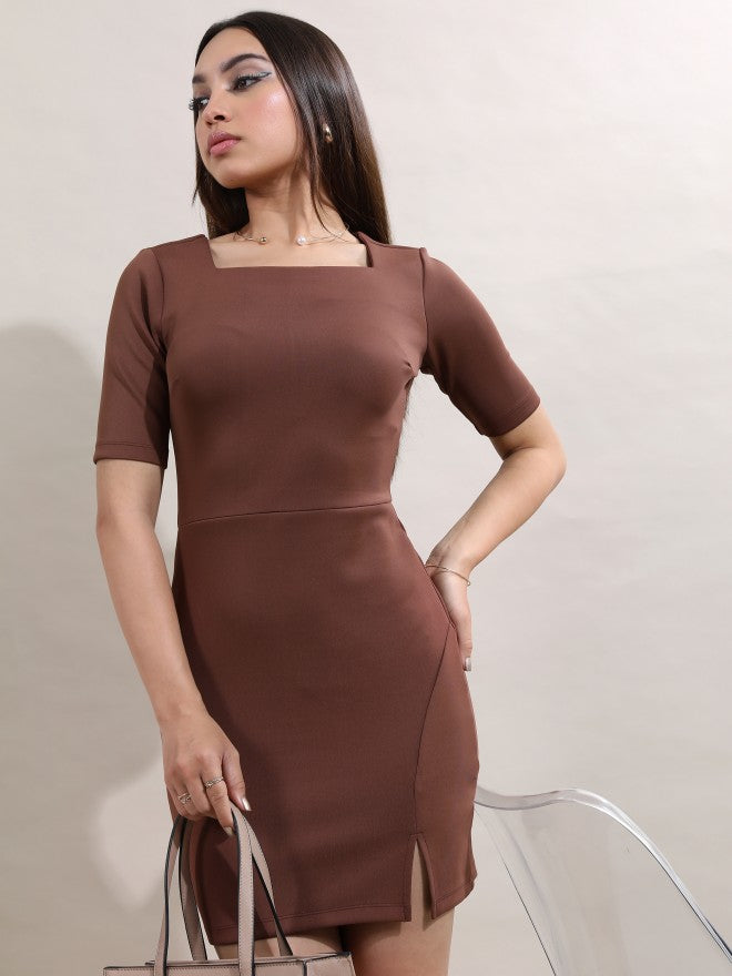 Tokyo Talkies Women Brown Solid Bodycon Dress - Brown - Image 1
