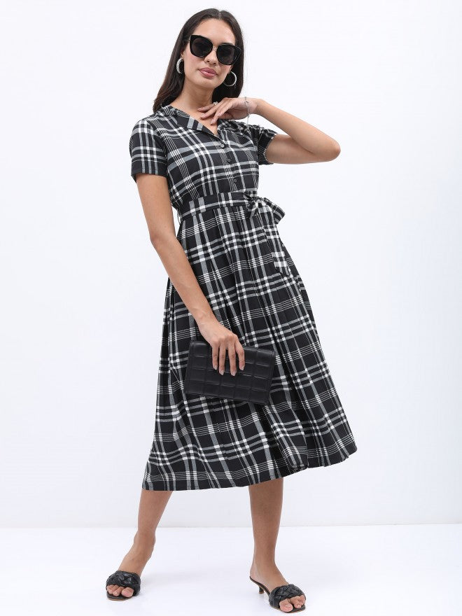 Tokyo Talkies Women Black/White Printed Pleated Midi Dress - Black - Image 1