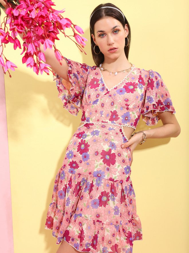 Tokyo Talkies Women Peach Printed Fit And Flare Dress - Peach - Image 1