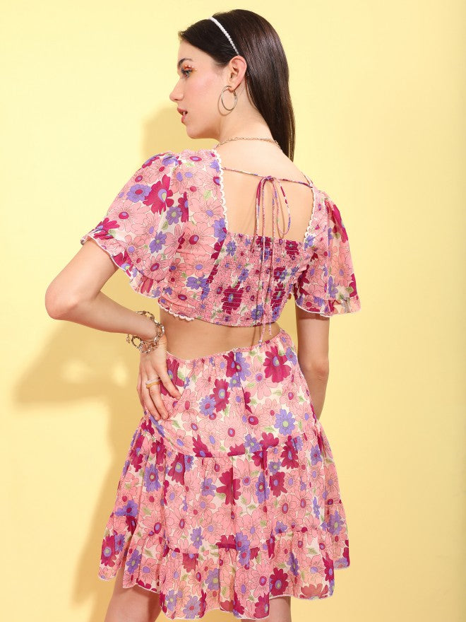 Tokyo Talkies Women Peach Printed Fit And Flare Dress - Peach - Image 3