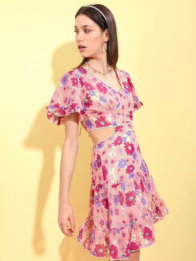 Tokyo Talkies Women Peach Printed Fit And Flare Dress - Peach - Image 6