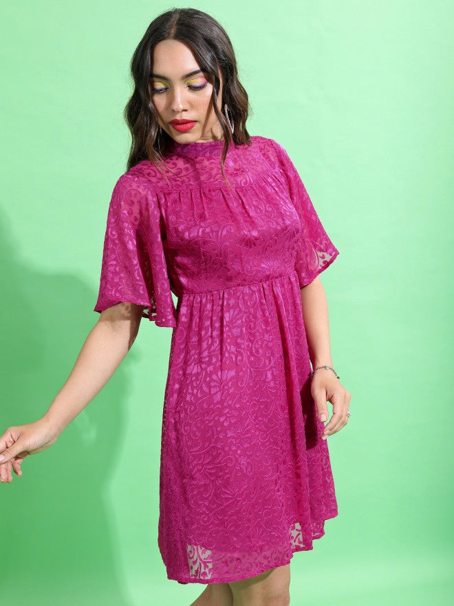 Tokyo Talkies Women Pink Self Design Fit And Flare Dress - Pink - Image 6