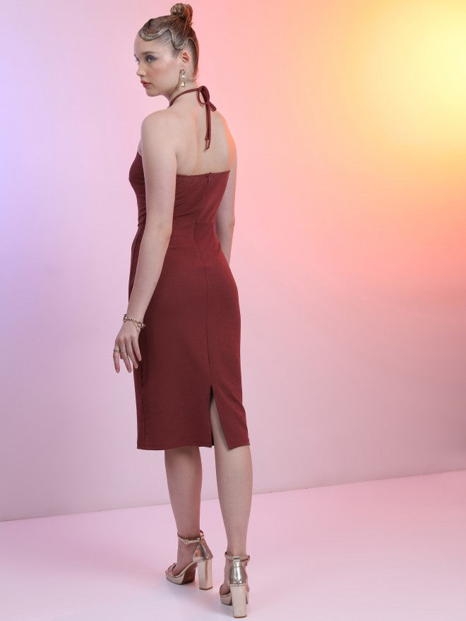 Tokyo Talkies Women Maroon Solid Bodycon Dress - Maroon - Image 3