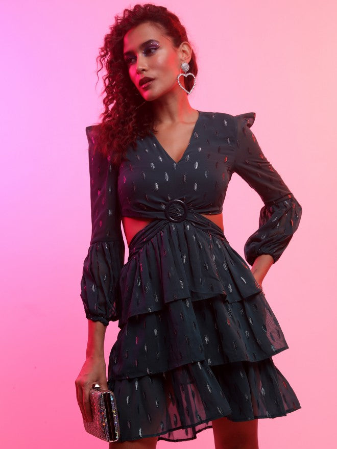 Tokyo Talkies Women Teal Self Design Fit And Flare Dress - Teal - Image 1