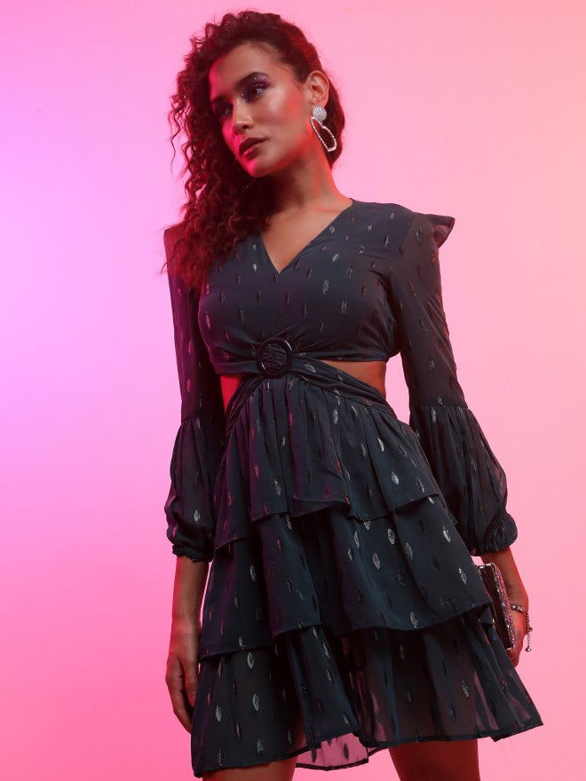 Tokyo Talkies Women Teal Self Design Fit And Flare Dress - Teal - Image 4