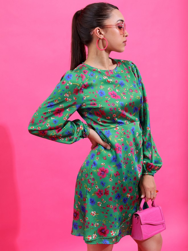 Tokyo Talkies Women Green Printed A-Line Dress - Green - Image 4