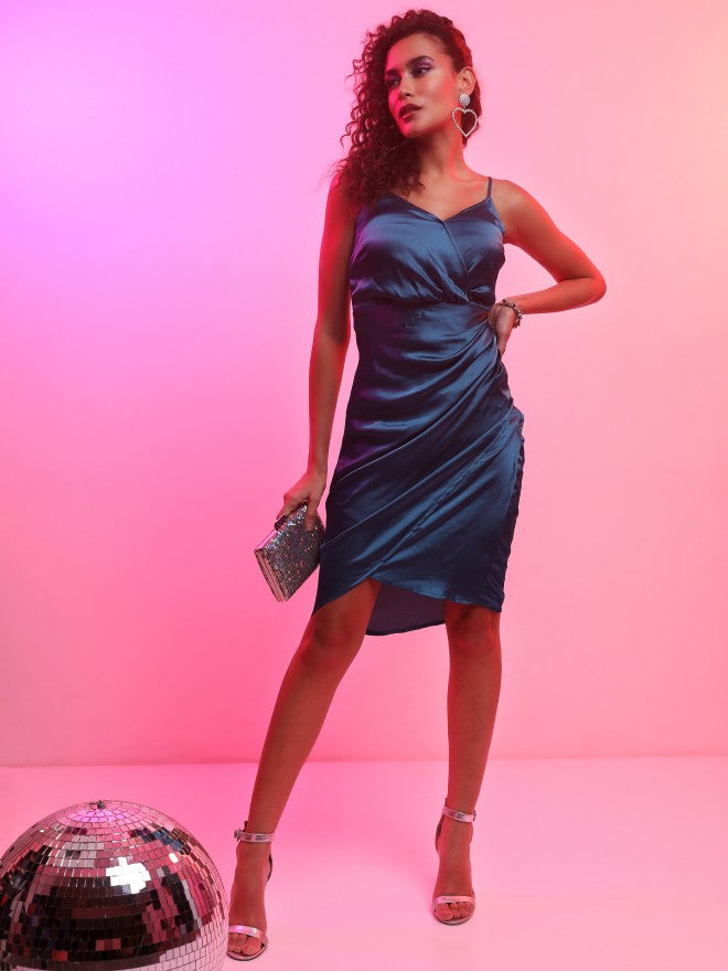 Tokyo Talkies Women Navy Blue Solid Wrap Dress - Navy Blue - Image 2