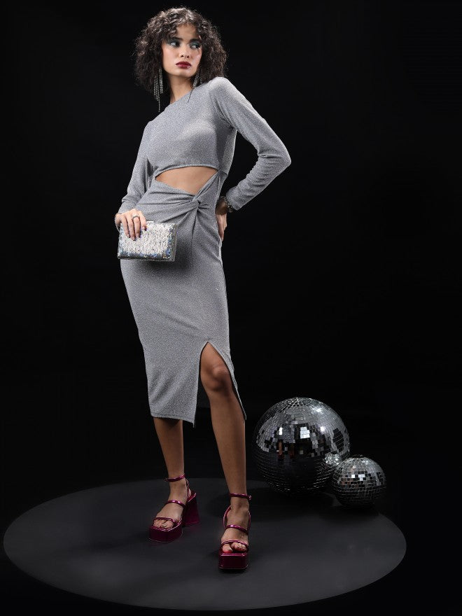 Tokyo Talkies Women Silver Self Design Bodycon Dress - Silver - Image 1