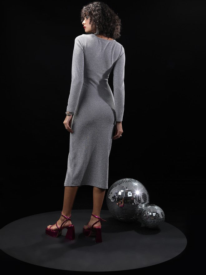 Tokyo Talkies Women Silver Self Design Bodycon Dress - Silver - Image 3