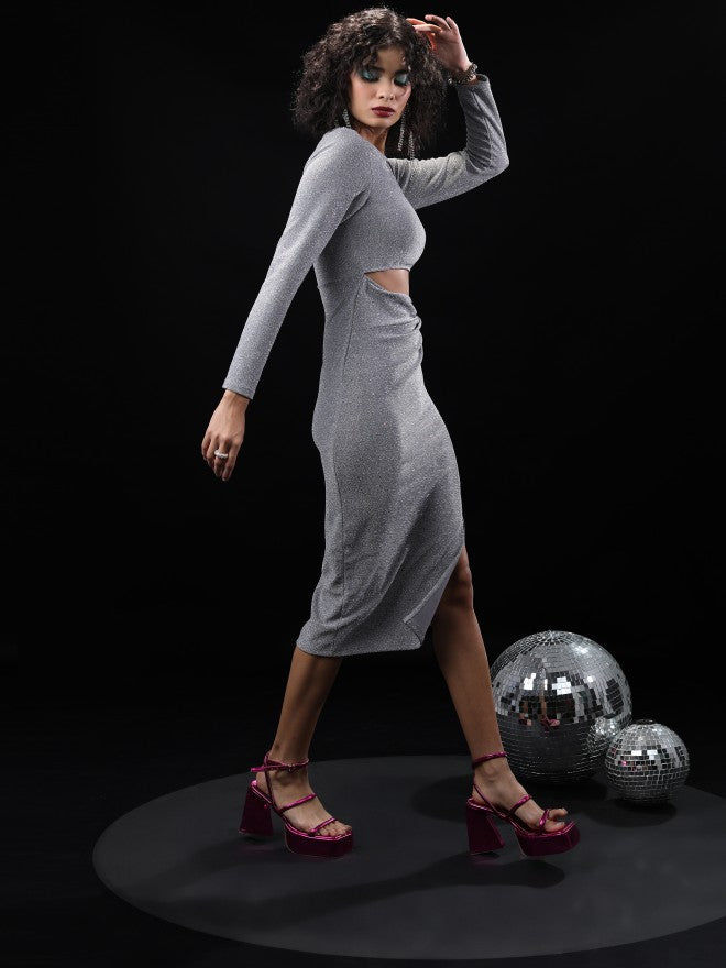 Tokyo Talkies Women Silver Self Design Bodycon Dress - Silver - Image 4
