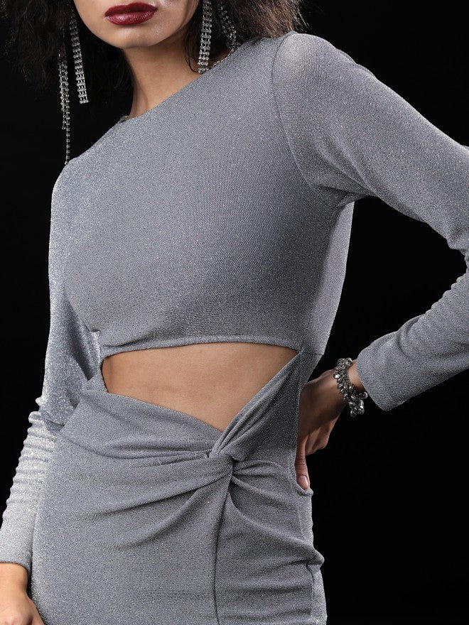 Tokyo Talkies Women Silver Self Design Bodycon Dress - Silver - Image 5