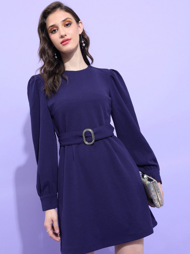 Tokyo Talkies Women Navy Blue Solid A-Line Dress - Navy Blue - Image 1