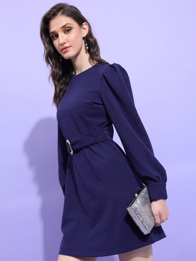 Tokyo Talkies Women Navy Blue Solid A-Line Dress - Navy Blue - Image 4