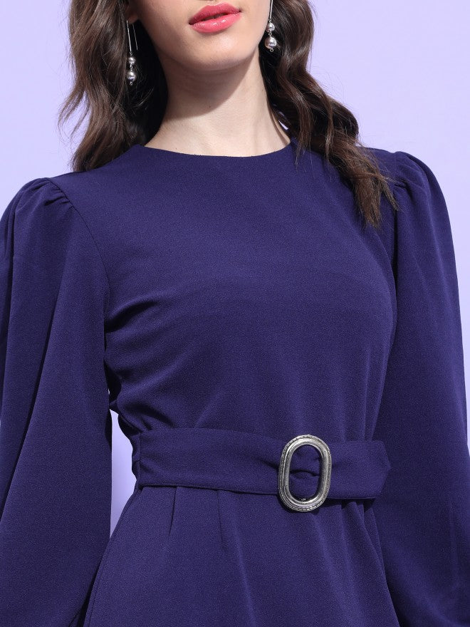 Tokyo Talkies Women Navy Blue Solid A-Line Dress - Navy Blue - Image 5