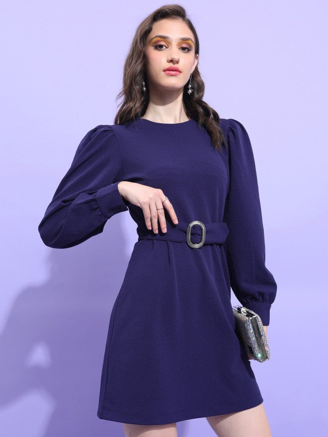 Tokyo Talkies Women Navy Blue Solid A-Line Dress - Navy Blue - Image 6