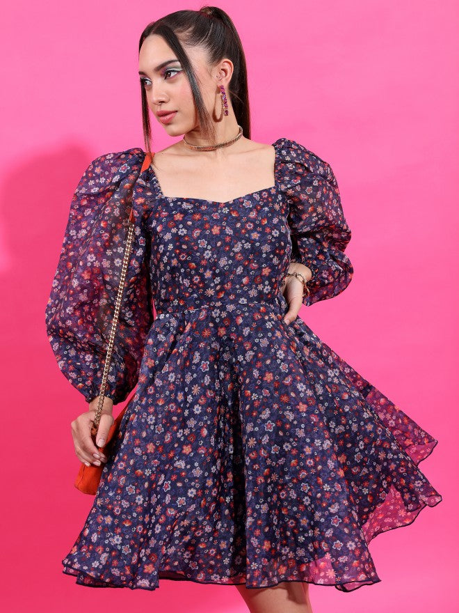 Tokyo Talkies Women Navy Blue Printed Fit And Flare Dress - Navy Blue - Image 1