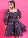 Tokyo Talkies Women Navy Blue Printed Fit And Flare Dress - Navy Blue - Image 1