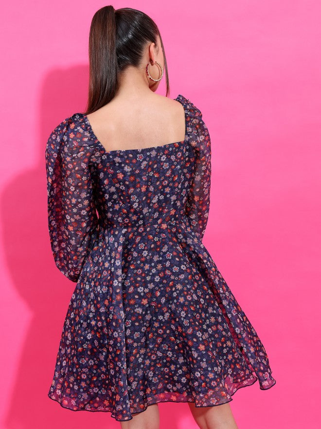 Tokyo Talkies Women Navy Blue Printed Fit And Flare Dress - Navy Blue - Image 3