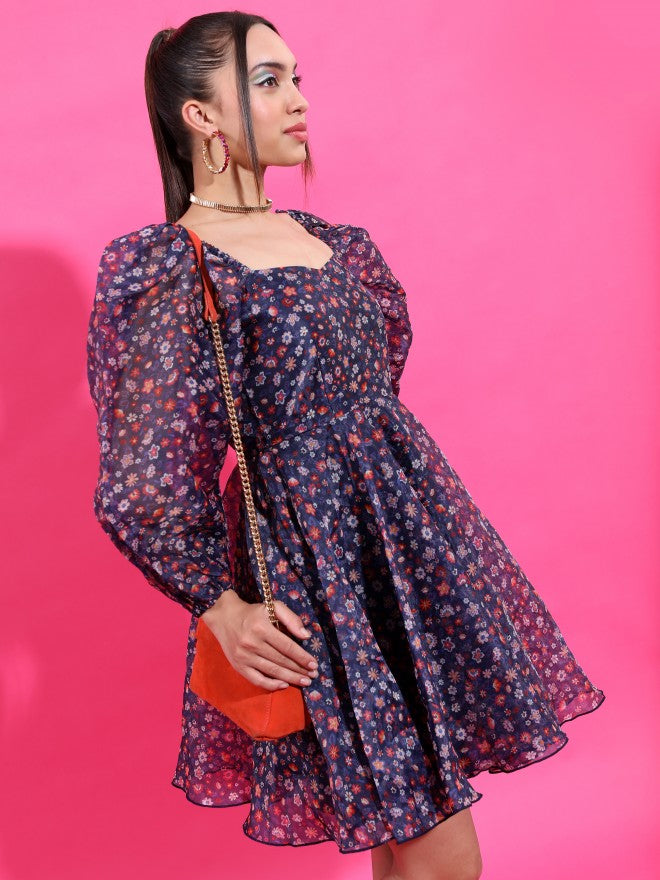 Tokyo Talkies Women Navy Blue Printed Fit And Flare Dress - Navy Blue - Image 4