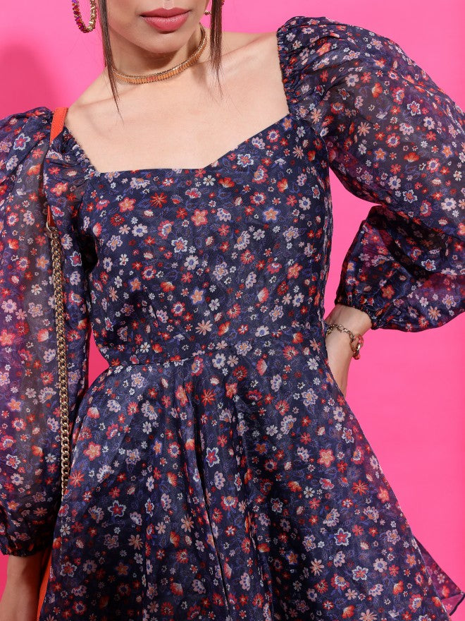 Tokyo Talkies Women Navy Blue Printed Fit And Flare Dress - Navy Blue - Image 5