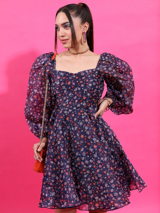 Tokyo Talkies Women Navy Blue Printed Fit And Flare Dress - Navy Blue - Image 6