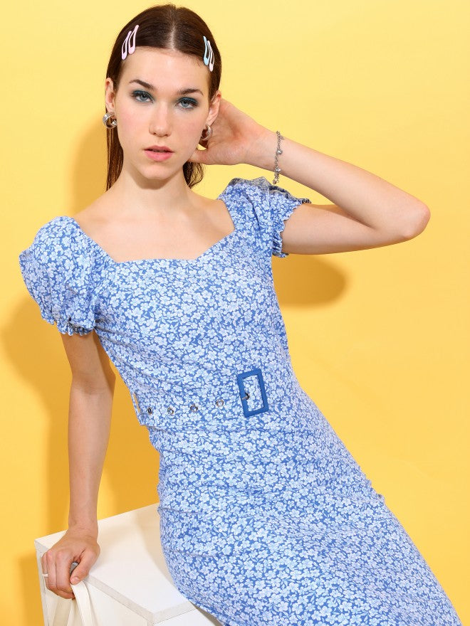 Tokyo Talkies Women Blue Printed Sheath Dress - Blue - Image 1