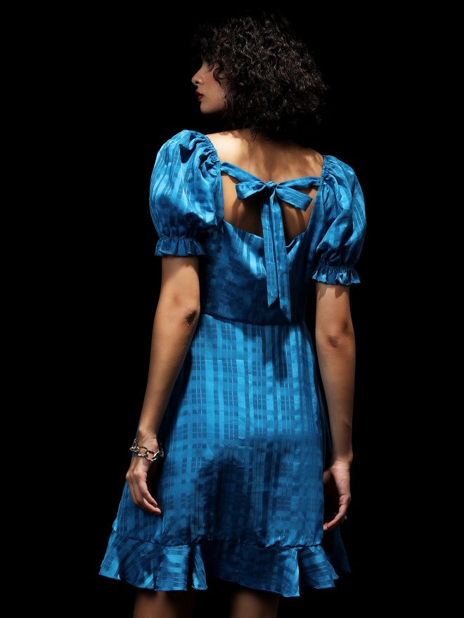 Tokyo Talkies Women Blue Checked Fit And Flare Dress - Blue - Image 3