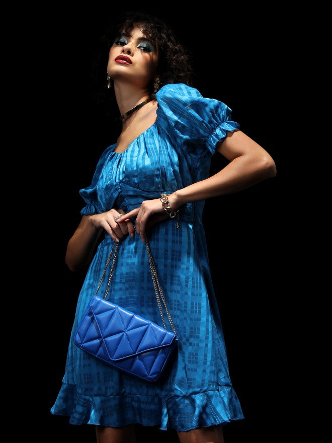 Tokyo Talkies Women Blue Checked Fit And Flare Dress - Blue - Image 4