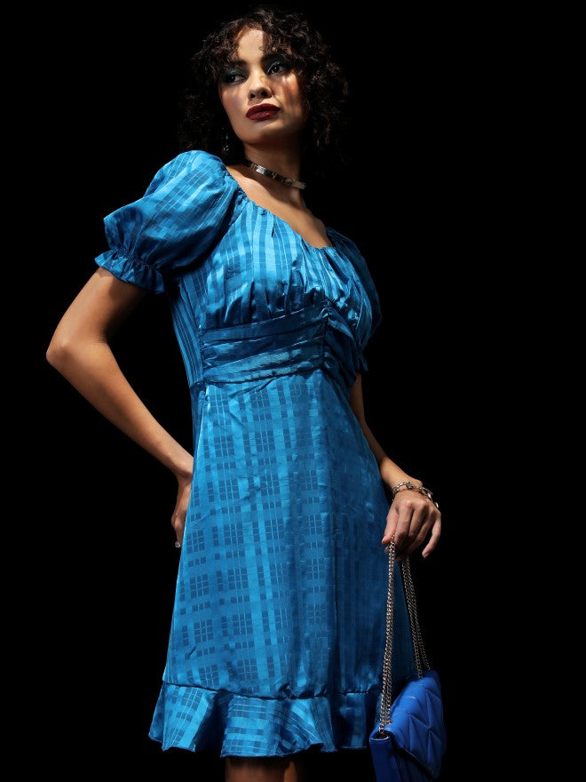 Tokyo Talkies Women Blue Checked Fit And Flare Dress - Blue - Image 6