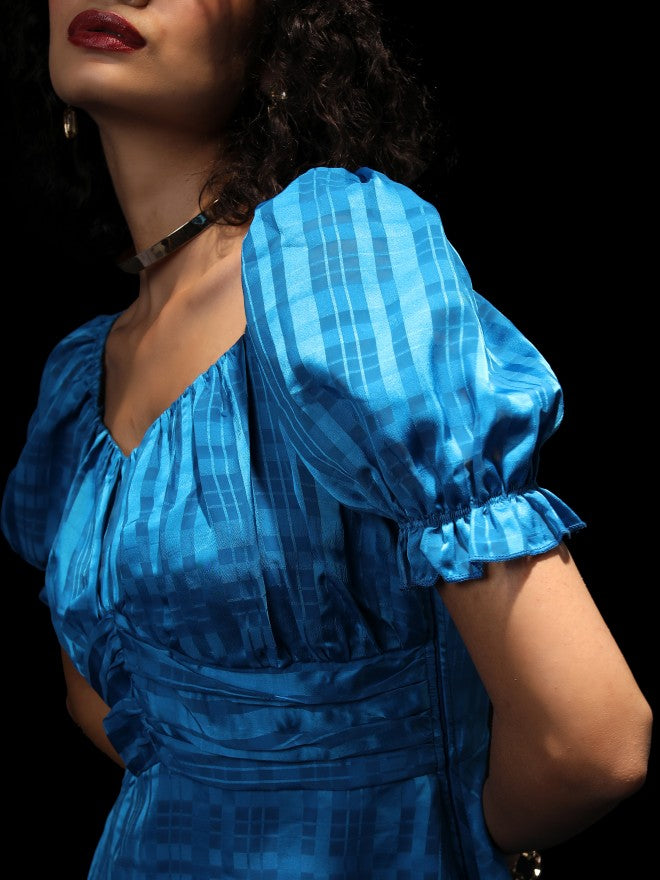 Tokyo Talkies Women Blue Checked Fit And Flare Dress - Blue - Image 8
