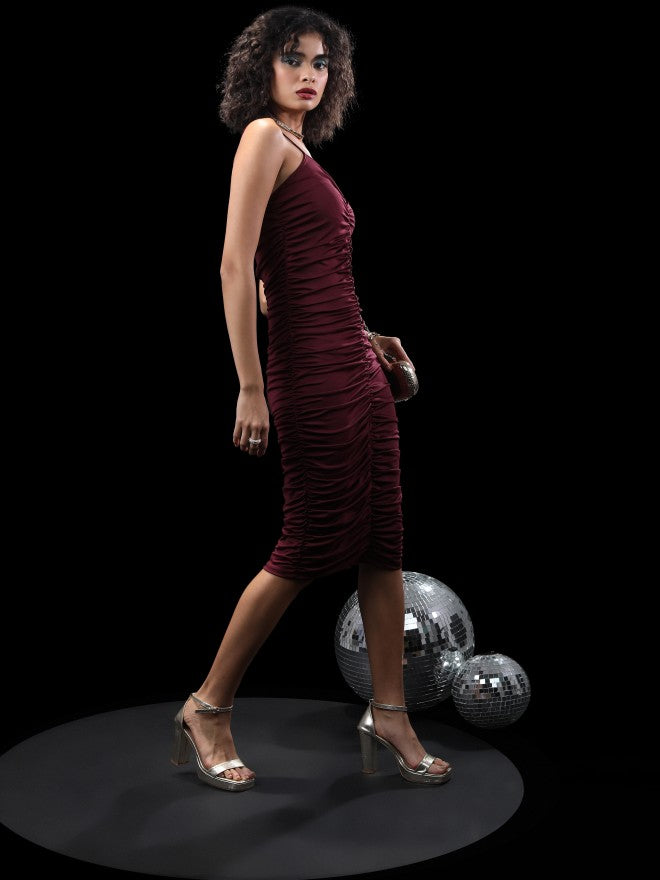 Tokyo Talkies Women Burgundy Solid Bodycon Dress - Burgundy - Image 1