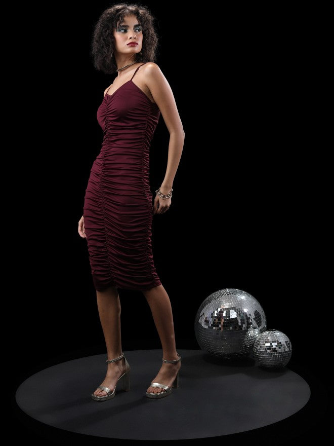 Tokyo Talkies Women Burgundy Solid Bodycon Dress - Burgundy - Image 2
