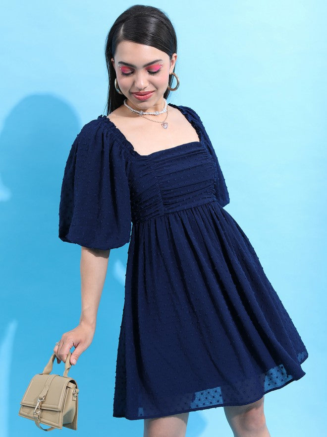Tokyo Talkies Women Navy Blue Self Design Fit And Flare Dress - Navy Blue - Image 1