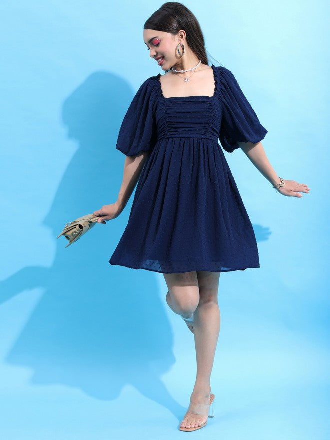 Tokyo Talkies Women Navy Blue Self Design Fit And Flare Dress - Navy Blue - Image 2