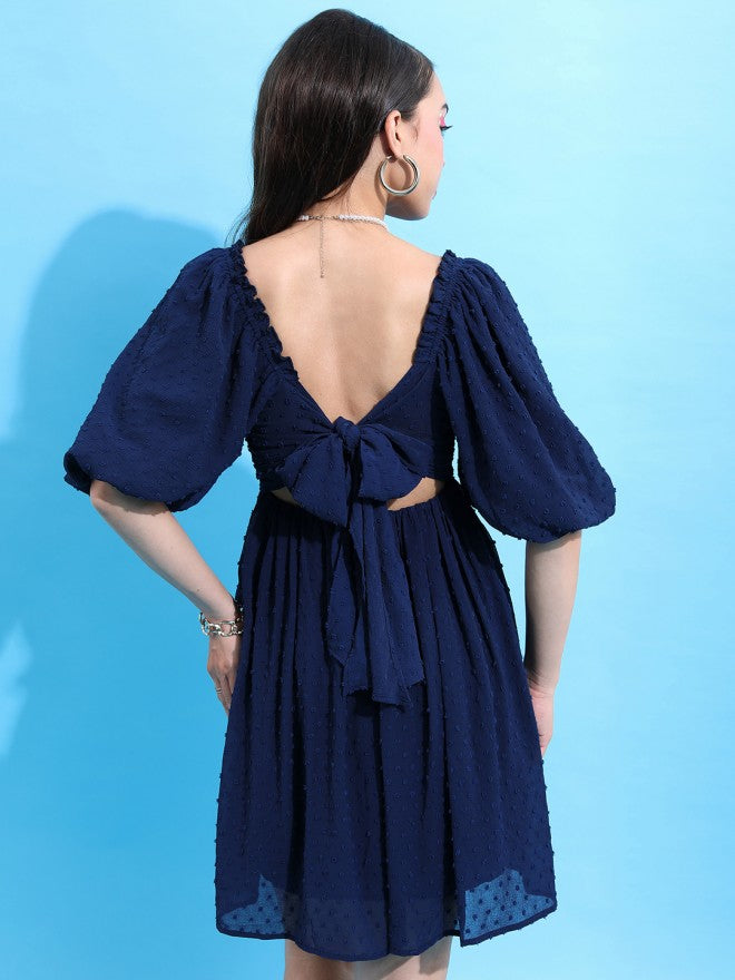 Tokyo Talkies Women Navy Blue Self Design Fit And Flare Dress - Navy Blue - Image 3