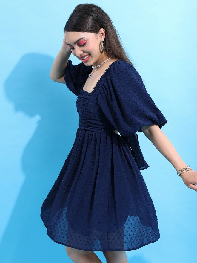 Tokyo Talkies Women Navy Blue Self Design Fit And Flare Dress - Navy Blue - Image 4