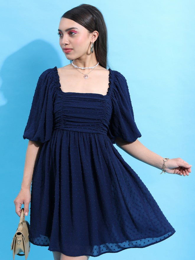 Tokyo Talkies Women Navy Blue Self Design Fit And Flare Dress - Navy Blue - Image 6