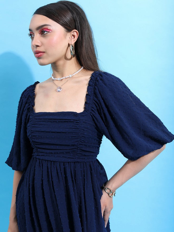 Tokyo Talkies Women Navy Blue Self Design Fit And Flare Dress - Navy Blue - Image 7