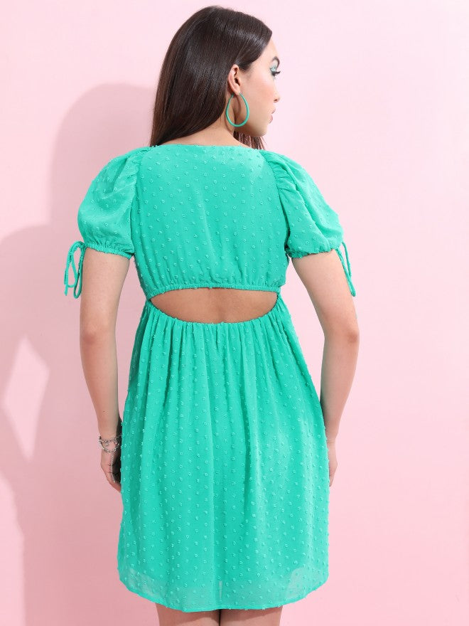 Tokyo Talkies Women Green Self Design Fit and Flare Dress - Green - Image 3