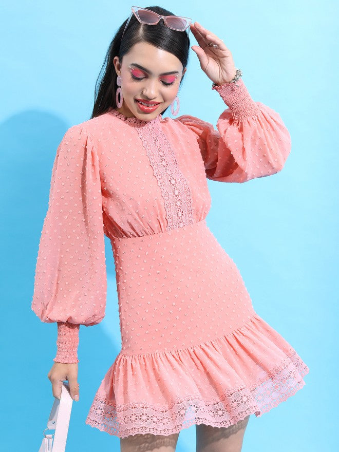 Tokyo Talkies Women Rose Self Design Fit And Flare Dress - Rose - Image 1